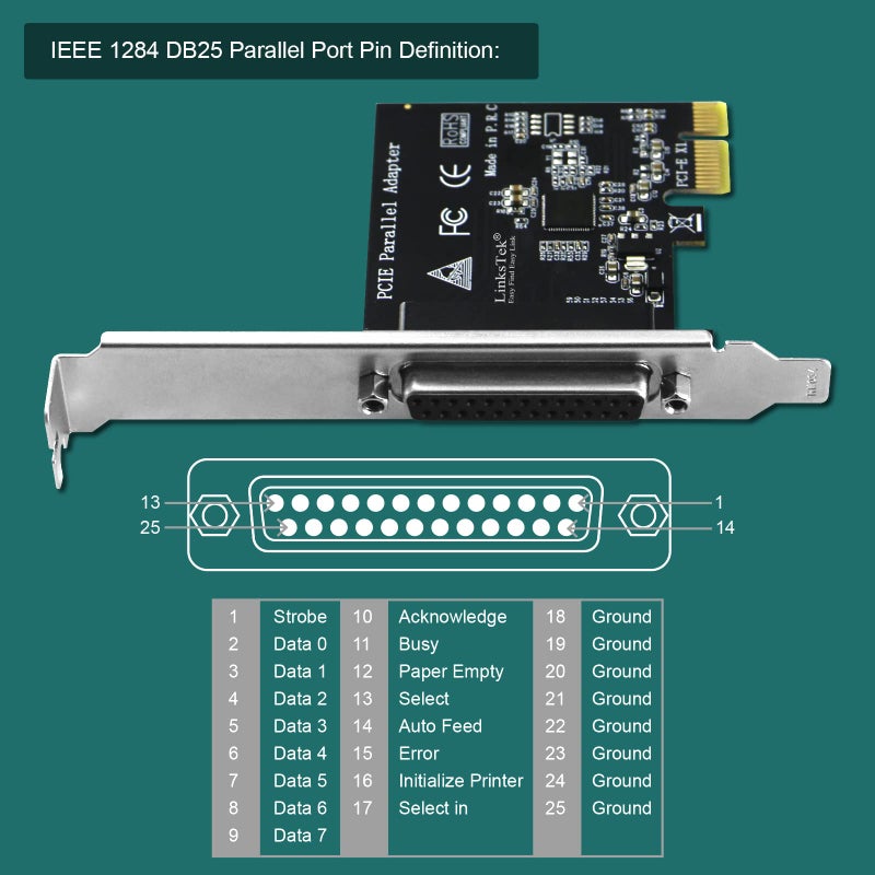 LinksTek 1-Port PCI Express Parallel Card for Printers, IEEE 1284 Standard DB25 LPT PCIE Parallel Port, Supports IEEE 1284 SPP, Nibble, Byte and ECP Mode, PCIE DB25 Parallel Port Card (PCIE-PA1) - Image 4
